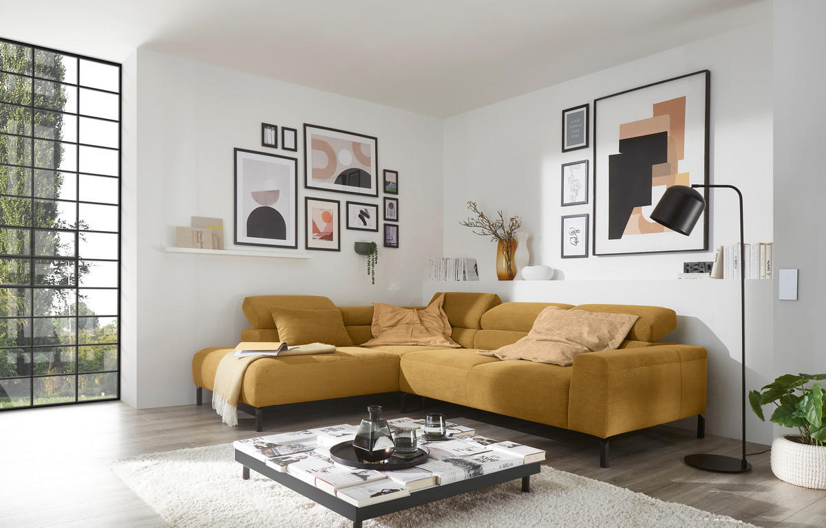 ECKSOFA Ottomane links  Gelb Feincord  - Gelb/Schwarz, Design, Textil/Metall (219/273cm) - Pure Home Lifestyle