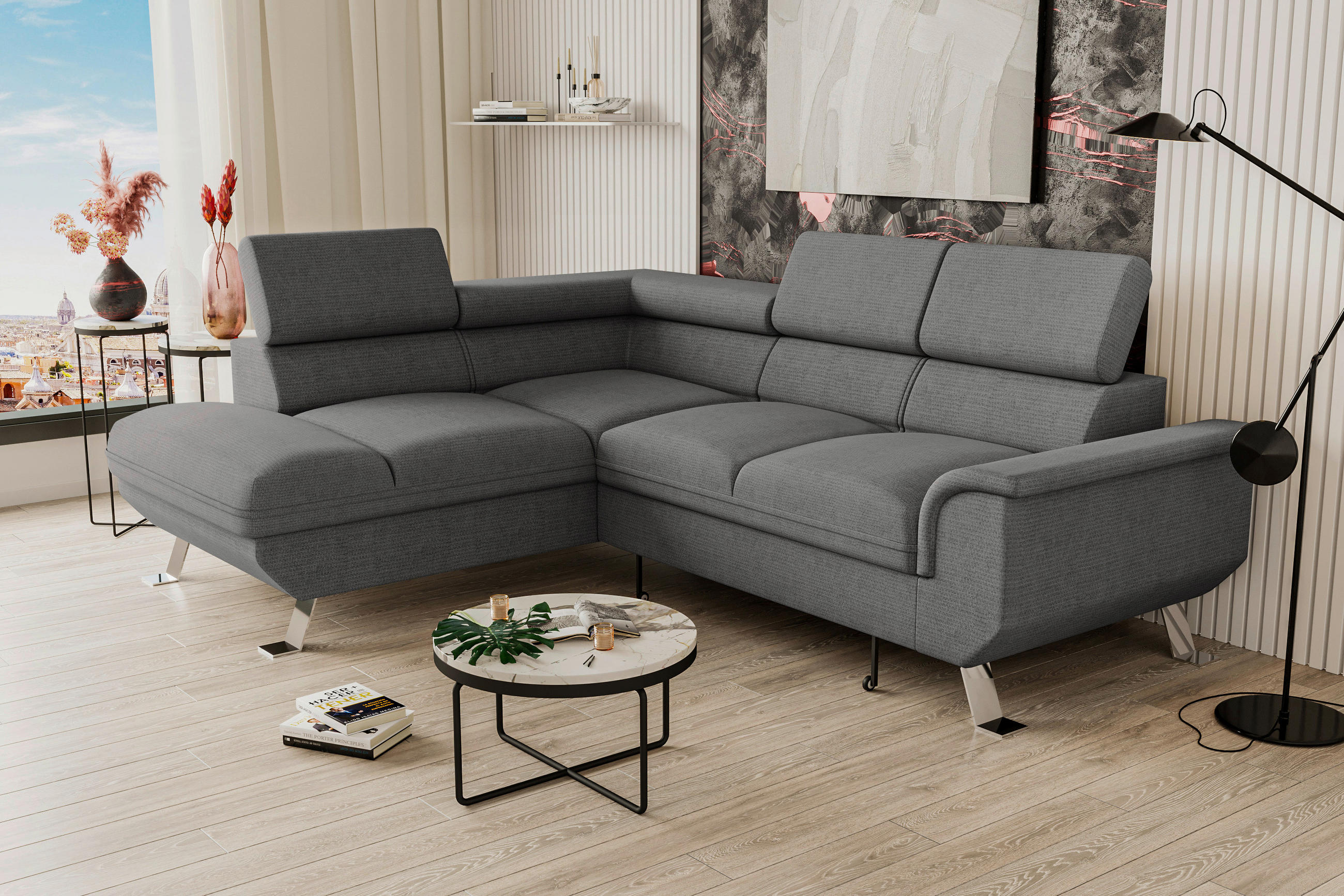 ECKSOFA in Struktur Anthrazit  - Anthrazit/Silberfarben, Konventionell, Textil/Metall (207/268cm) - MID.YOU