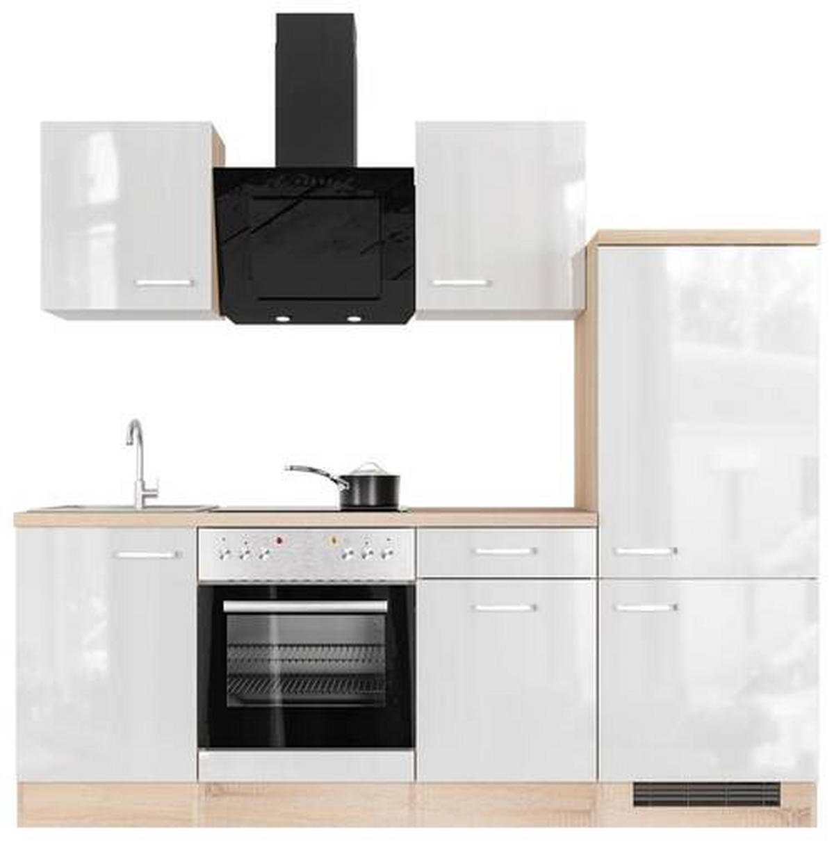 KUCHYNSKÁ LINKA VALERO 220 - biela s vysokým leskom/farba ušľachtilej ocele, Modern, kov/kompozitné drevo (220cm) - FlexWell
