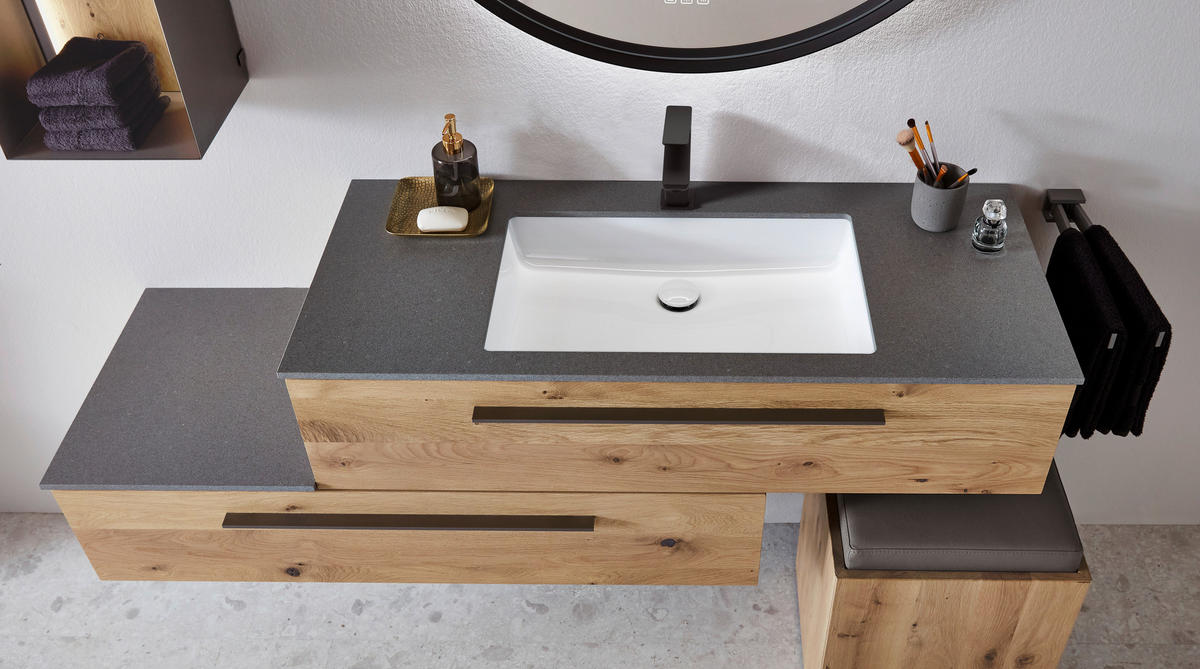 BADEZIMMER 3-teilig  in 159,4 cm  - Eichefarben/Titanfarben, MODERN, Glas/Holz (159,4cm) - Valdera