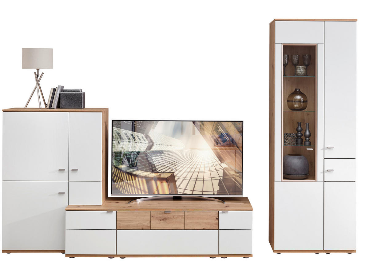 WOHNWAND  in Weiß, Alteiche  315/215/53 cm  - Alteiche/Alufarben, KONVENTIONELL, Glas/Holzwerkstoff (315/215/53cm) - Venda