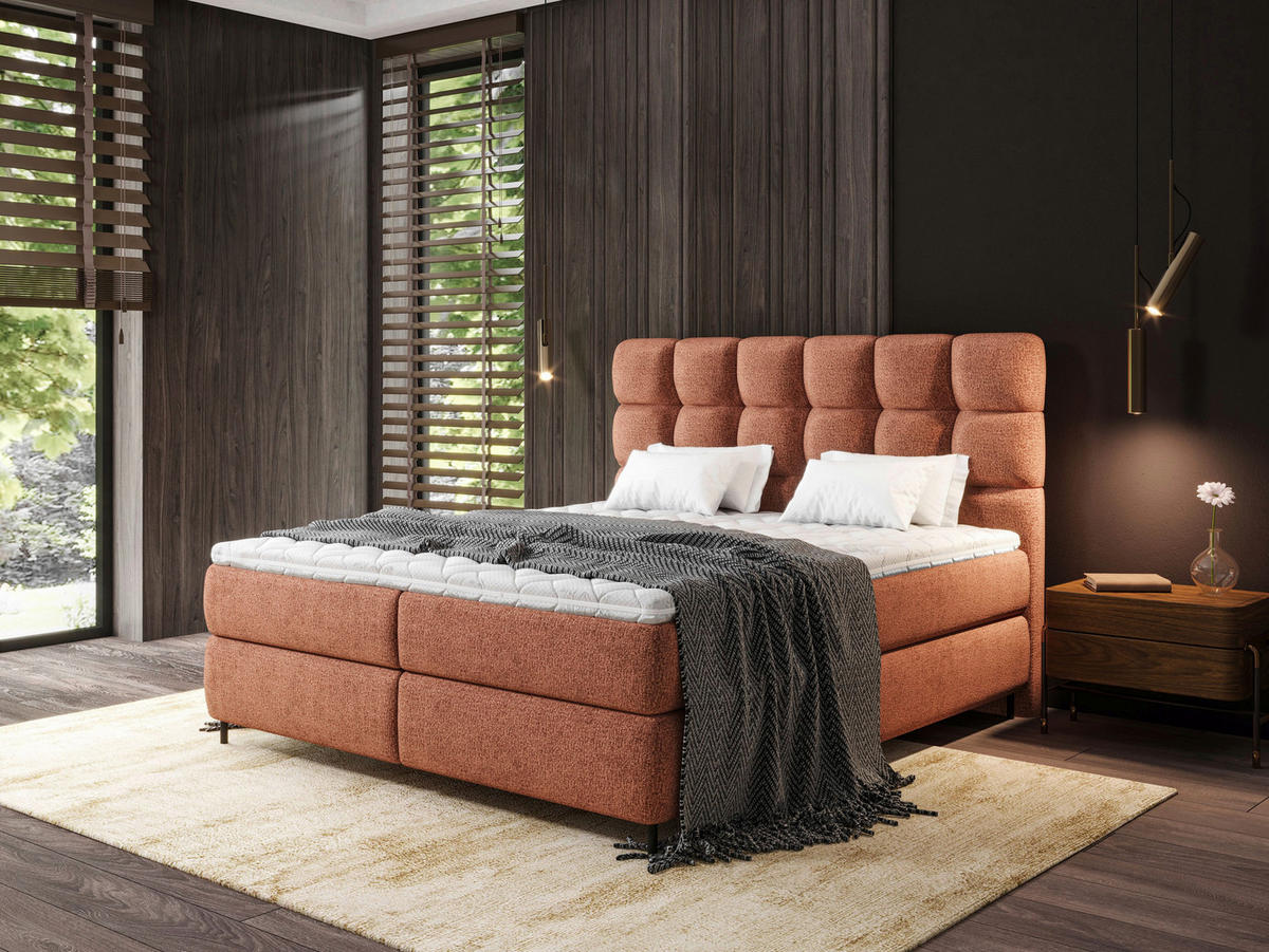 BOXSPRINGBETT 180/200 cm,  in Rostfarben, gepolstertes Kopfteil, Topper, Matratzen, H3 + H4 = fest + sehr fest  - Rostfarben/Schwarz, Basics, Holzwerkstoff/Textil (180/200cm) - Esposa