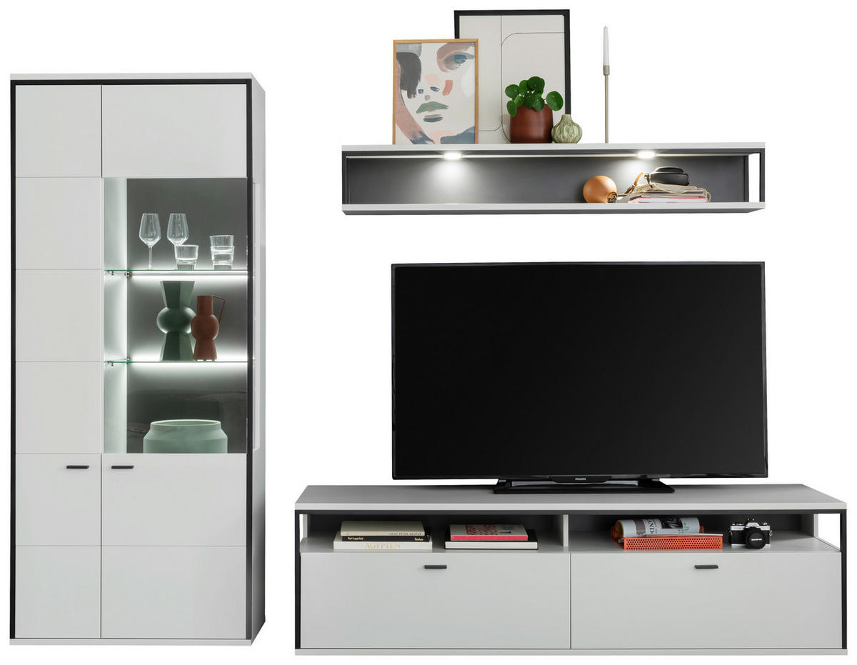 WOHNWAND  in Schwarz, Weiss 278/199/51 cm  - Weiss/Schwarz, Design, Glas/Holzwerkstoff (278/199/51cm) - Stylife