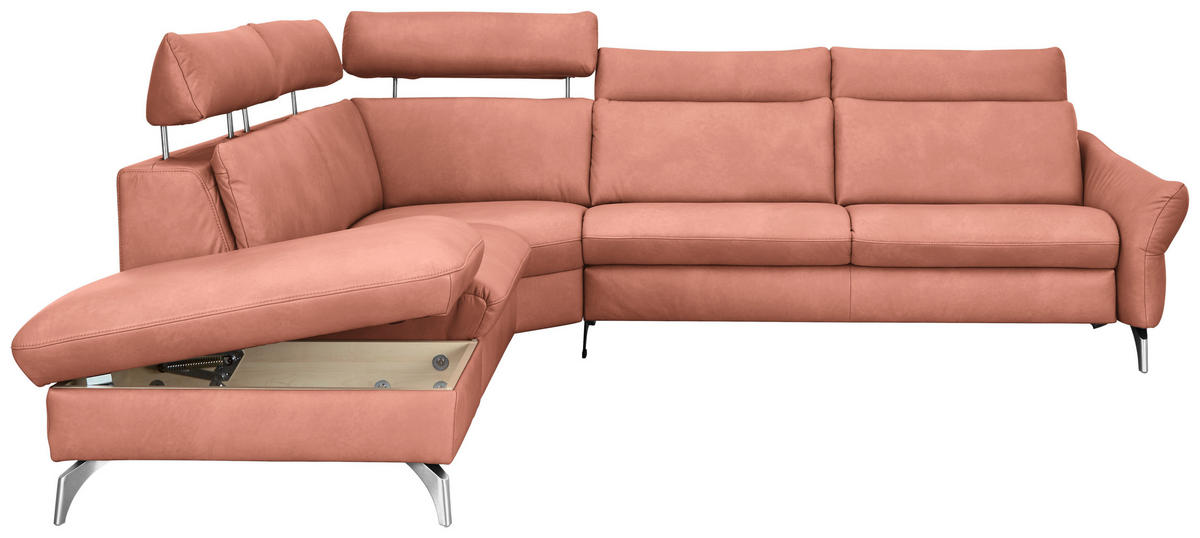 ECKSOFA in Echtleder Koralle  - Edelstahlfarben/Koralle, Konventionell, Leder/Metall (242/296cm) - Himolla Komfortklass