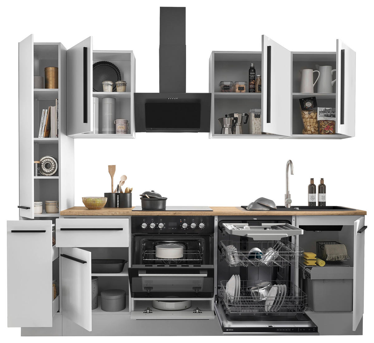 KÜCHENBLOCK 250 cm   in Weiß, Eichefarben  - Eichefarben/Schwarz, Design, Holzwerkstoff/Kunststoff (250cm) - MID.YOU