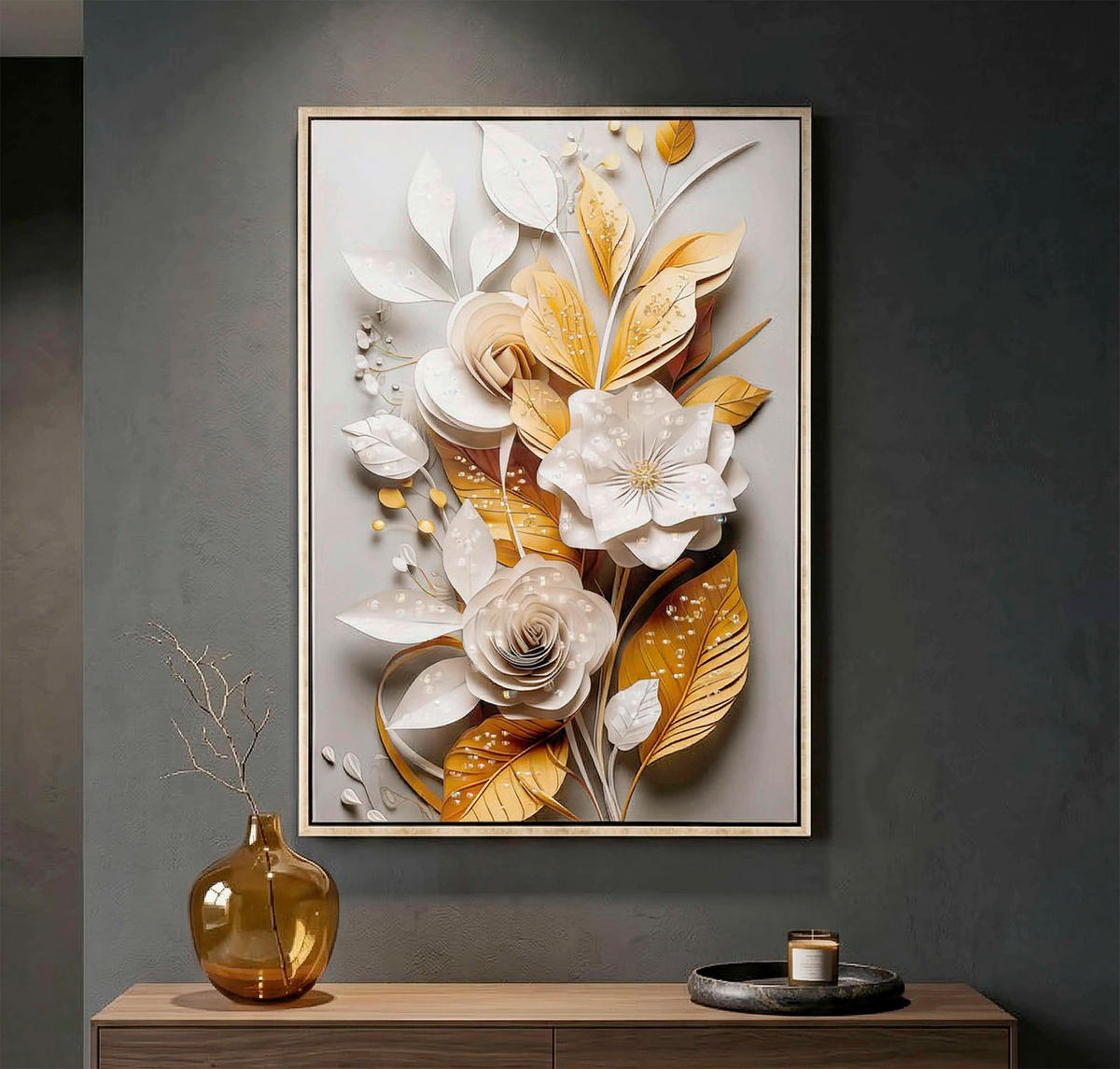LEINWANDBILD Blumen  - Goldfarben, Basics, Holz/Textil (42/62/3.5cm)