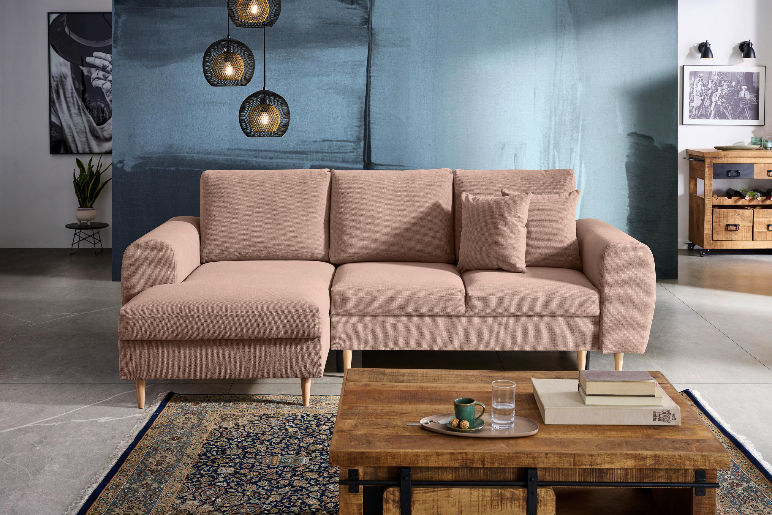 ECKSOFA in Webstoff Altrosa  - Altrosa/Naturfarben, Konventionell, Holz/Textil (145/250cm) - MID.YOU