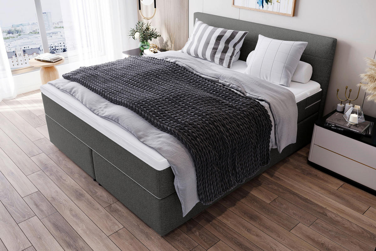 BOXSPRINGBETT 200/200 cm,  in Anthrazit, Topper, Matratzen, H3 = fest  - Chromfarben/Anthrazit, KONVENTIONELL, Kunststoff/Textil (200/200cm) - Boxxx