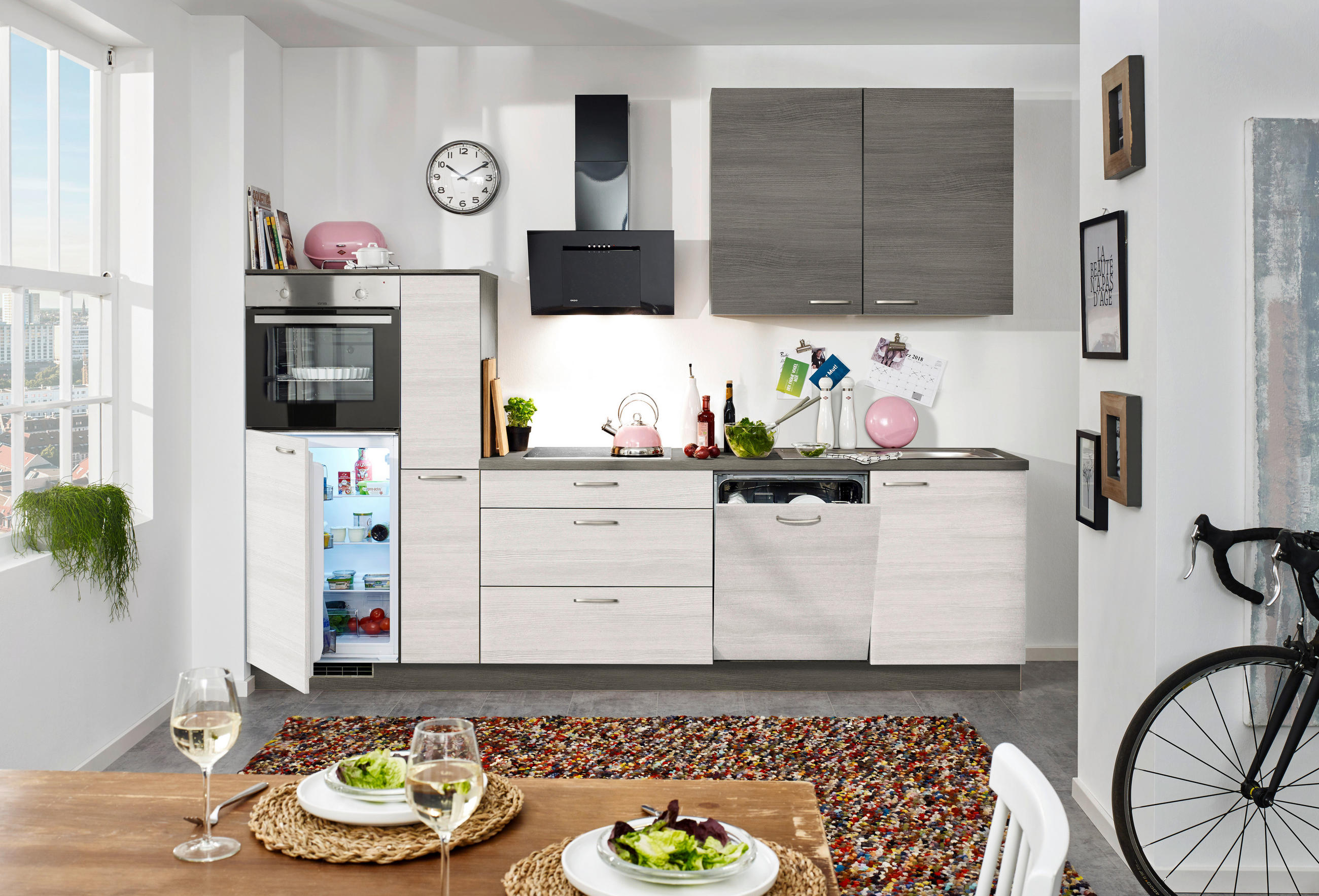 KÜCHENLEERBLOCK 300 cm   in Grau, Weiß, Eichefarben  - Edelstahlfarben/Eichefarben, Design, Holzwerkstoff/Metall (300cm) - Welnova
