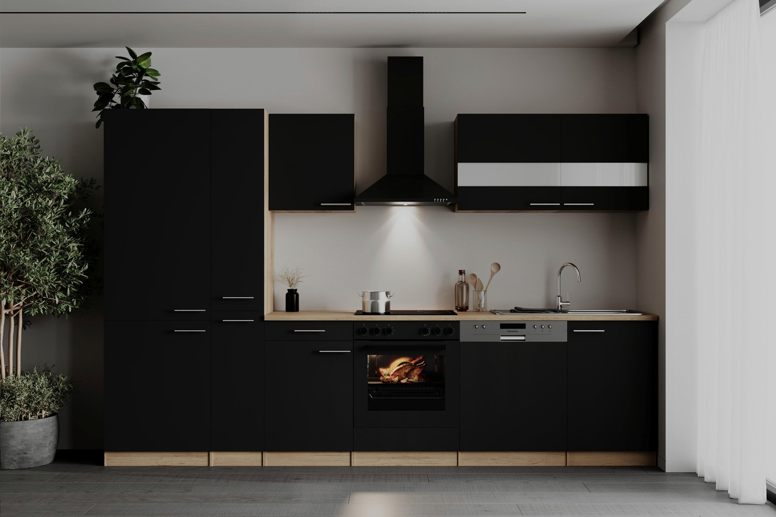 KÜCHENBLOCK 310 cm   in Schwarz  - Edelstahlfarben/Eichefarben, Basics, Holzwerkstoff/Metall (310cm) - Respekta