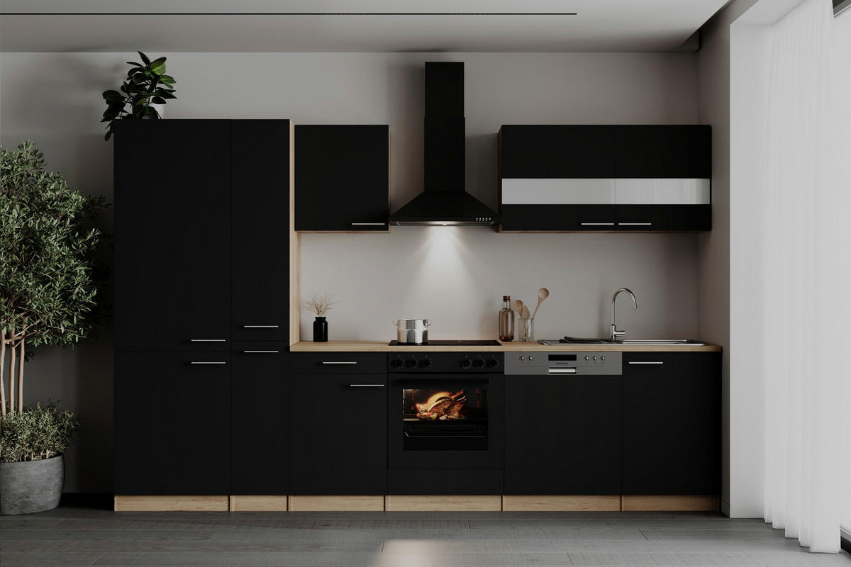 KÜCHENBLOCK 310 cm   in Schwarz  - Edelstahlfarben/Eichefarben, Basics, Holzwerkstoff/Metall (310cm) - Respekta