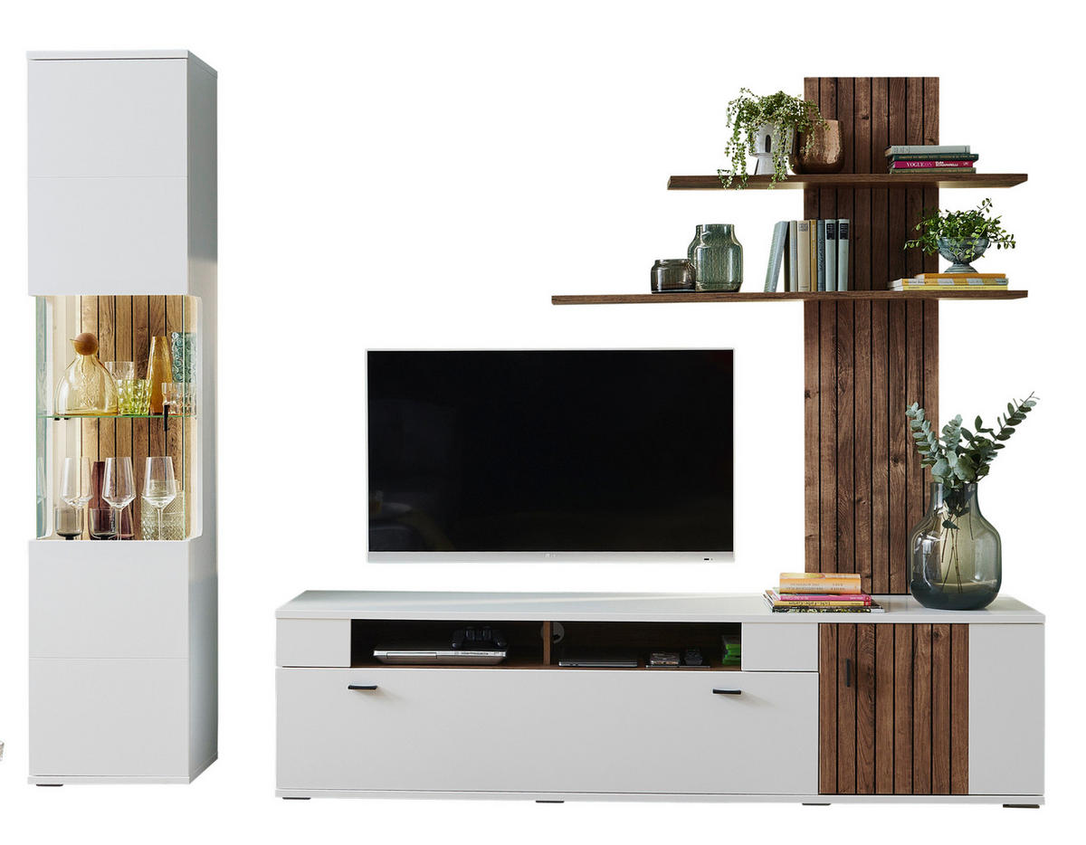 WOHNWAND  in Weiss, Eiche dunkel 260/208/50 cm  - Eiche dunkel/Weiss, Design, Glas/Holzwerkstoff (260/208/50cm) - Stylife