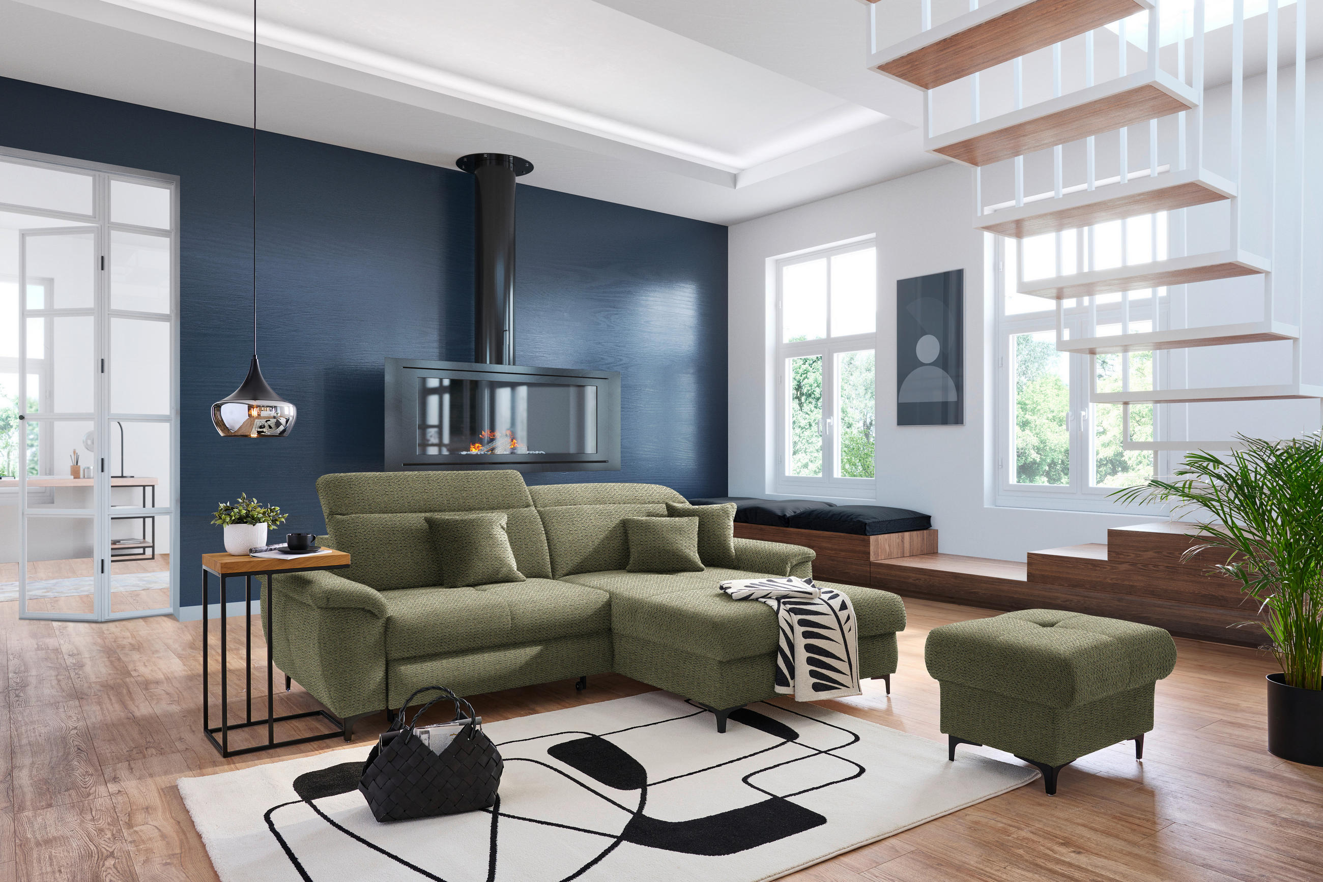 ECKSOFA in Chenille Grün  - Schwarz/Grün, Design, Textil/Metall (185/256cm) - Stylife