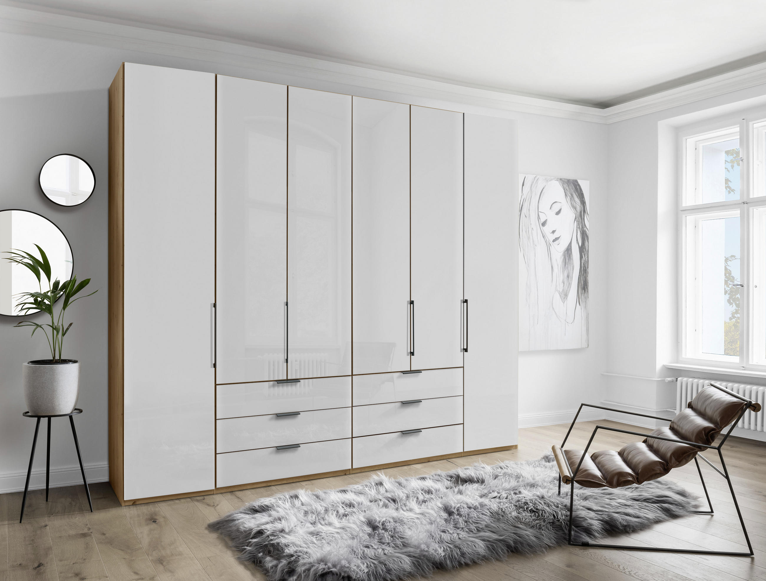 DREHTÜRENSCHRANK 6-türig Weiß, Eiche Bianco - Schieferfarben/Eiche Bianco, KONVENTIONELL, Glas/Holzwerkstoff (250/216/58cm) - Dieter Knoll