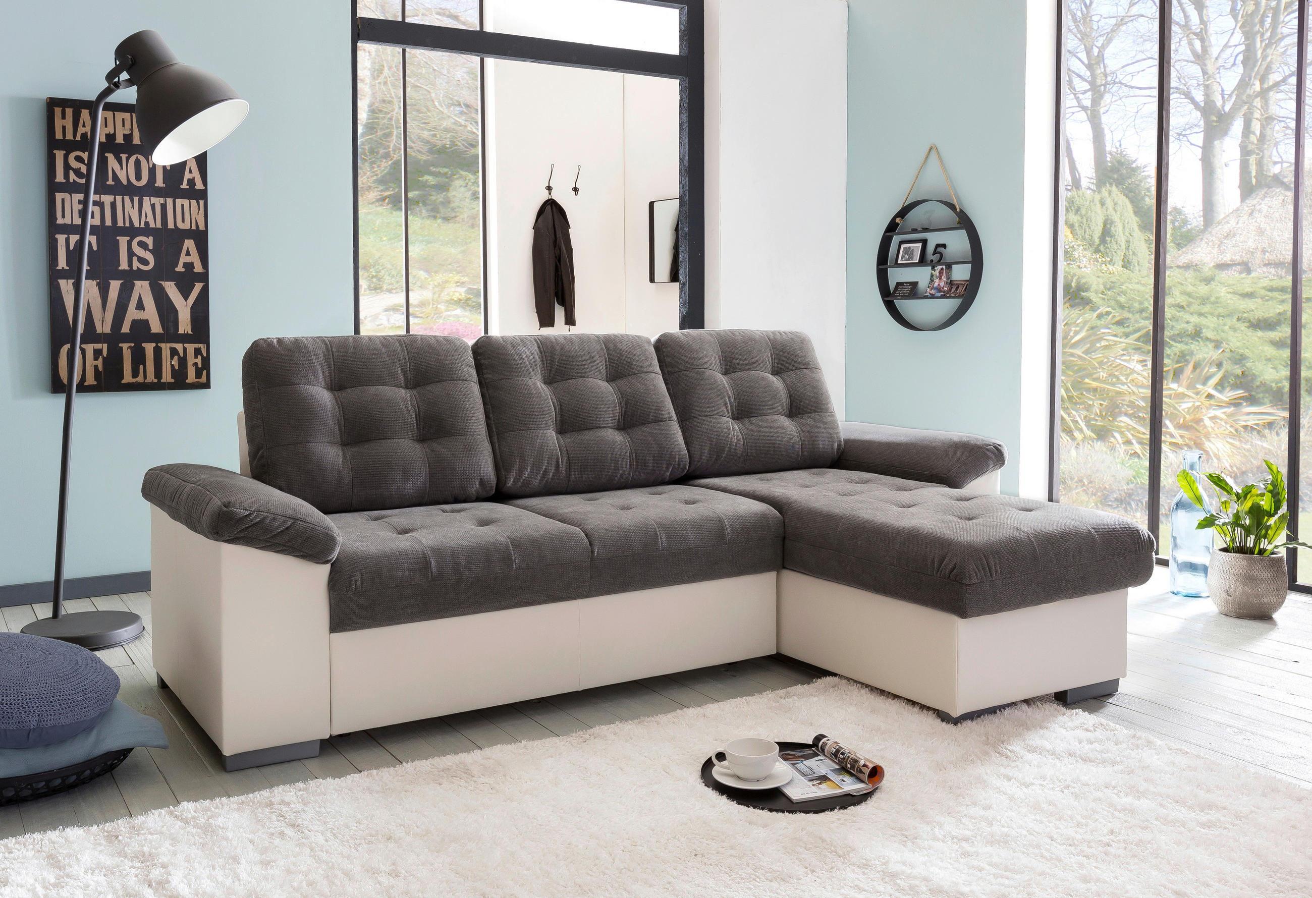 ECKSCHLAFSOFA Creme, Dunkelgrau Mikrofaser  - Dunkelgrau/Creme, MODERN, Kunststoff/Textil (232/148cm) - MID.YOU