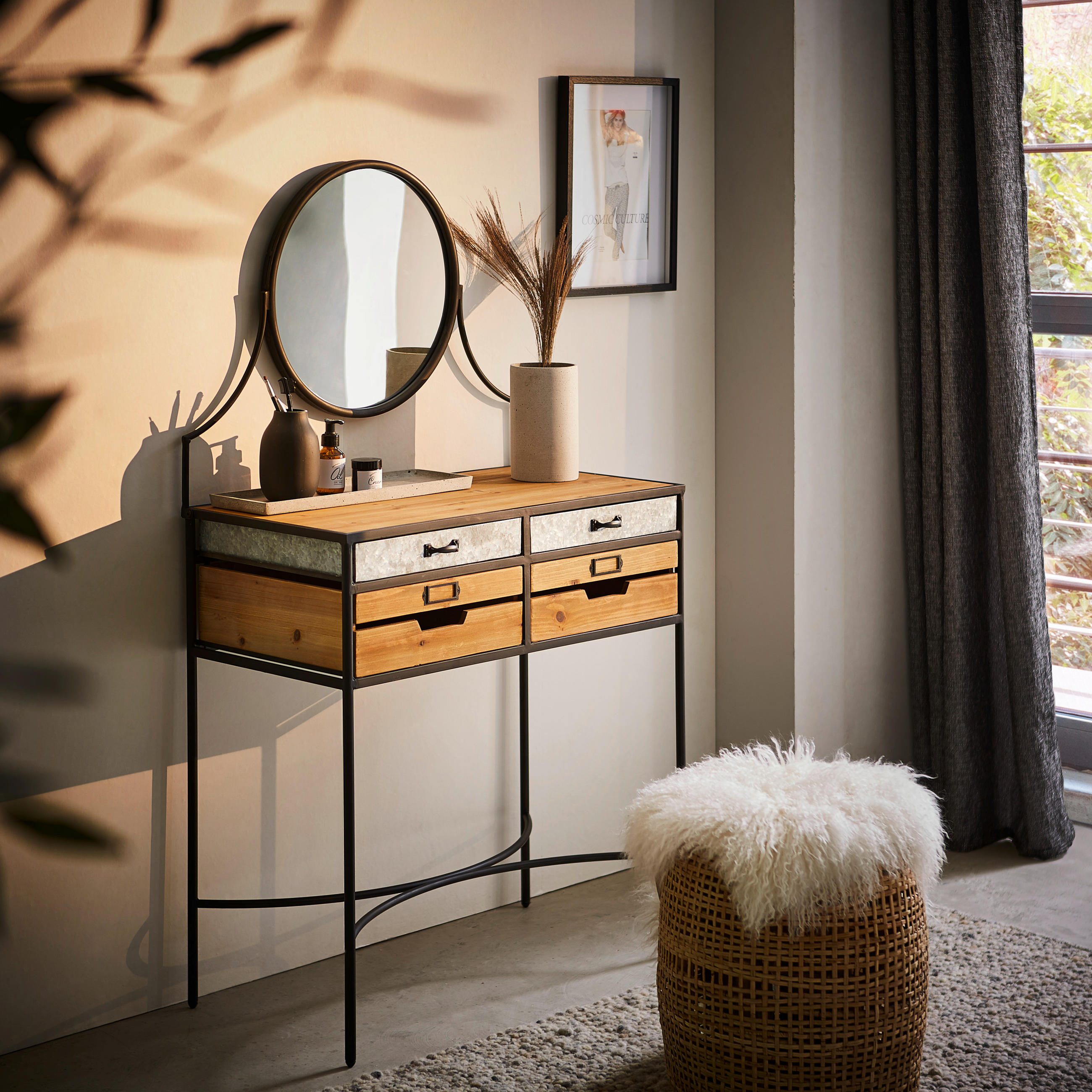 SCHMINKTISCH Pinie massiv Naturfarben, Schwarz, Zinkfarben - Zinkfarben/Schwarz, Trend, Glas/Holz (81/42/136cm) - Landscape