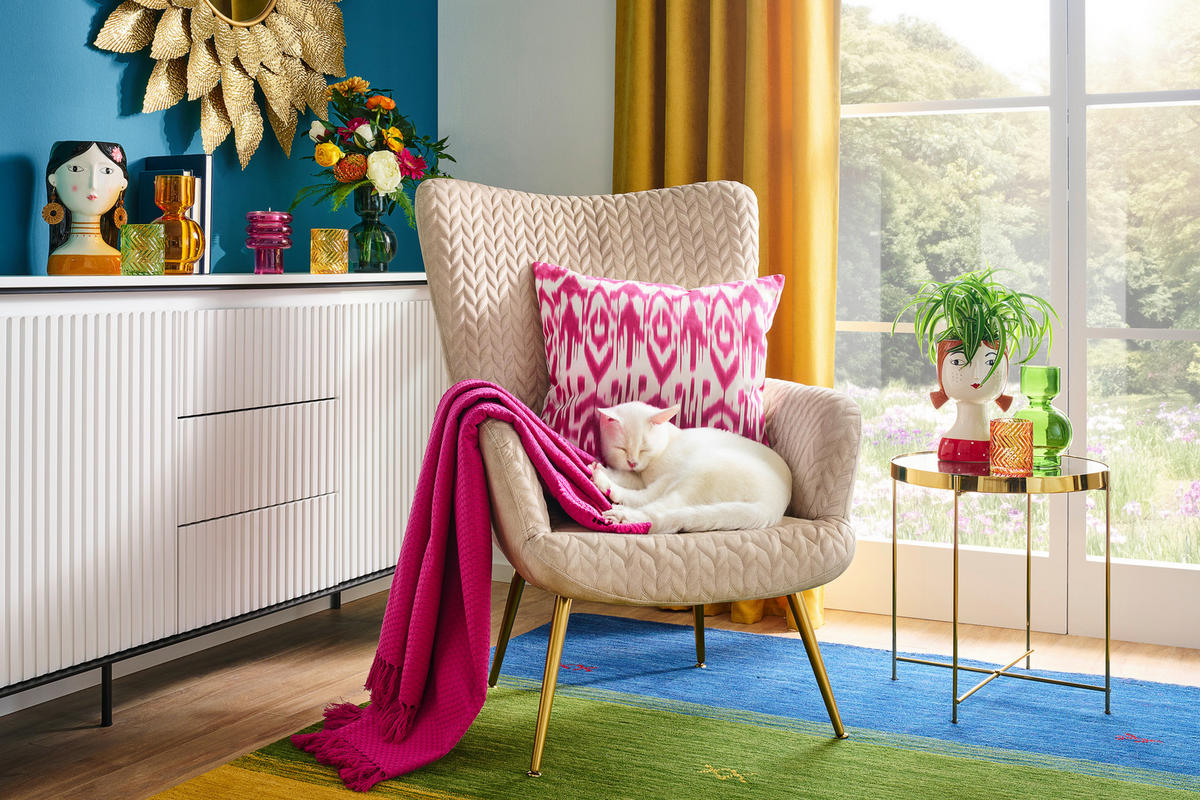 KRESLO UŠIAK, kov, textil, béžová - zlatá/béžová, Design, kov/textil (74/96/83cm) - Ambia Home