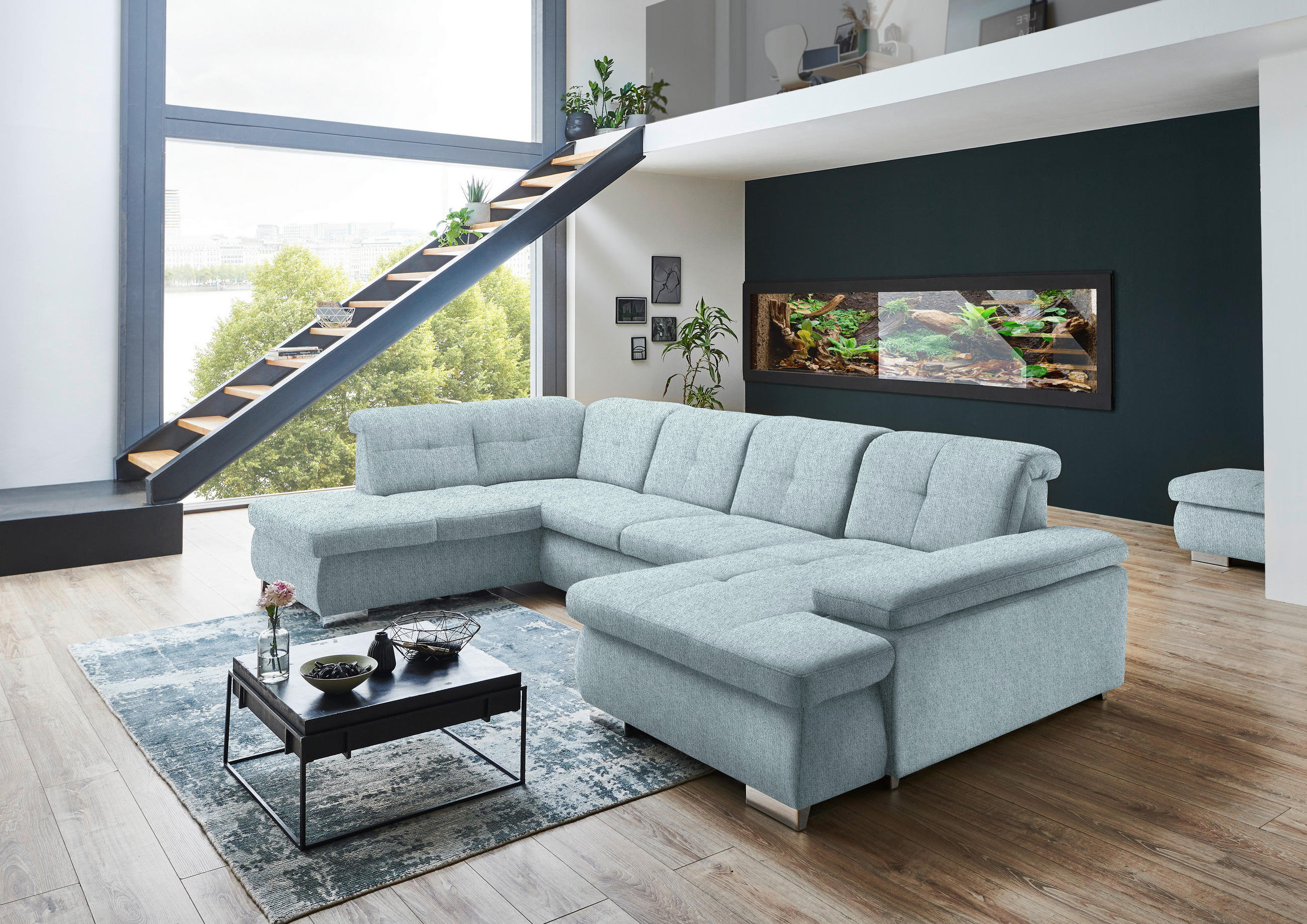 WOHNLANDSCHAFT in Webstoff Türkis  - Türkis/Schwarz, Design, Textil/Metall (210/337/174cm) - Beldomo Style