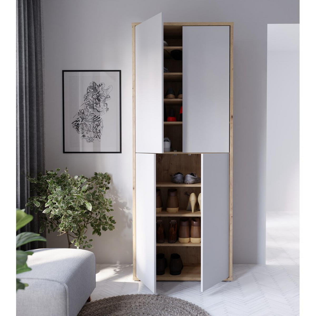 SCHUHSCHRANK Alice Springs  in 74,5/191,9/34,9 cm  - Hellgrau/Eiche Artisan, Modern, Holzwerkstoff/Kunststoff (74,5/191,9/34,9cm) - Xora