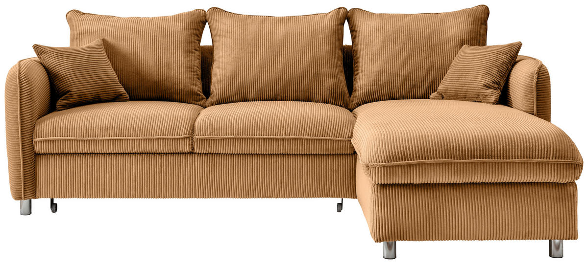 ECKSCHLAFSOFA  mit Rücken echt, Armteil links, Armteil rechts Cord Goldfarben  - Chromfarben/Goldfarben, MODERN, Textil/Metall (254/160cm) - Livetastic