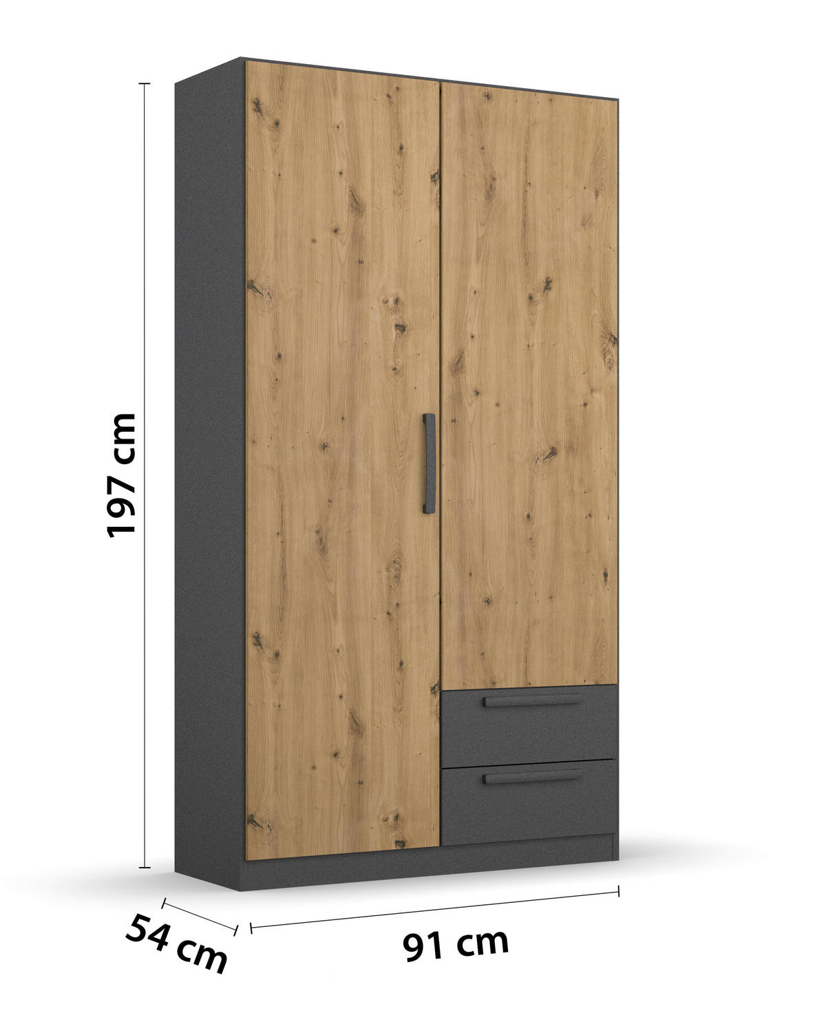 DREHTÜRENSCHRANK 91/197/54 cm,  in Grau, Eiche Artisan, 2-türig  - Eiche Artisan/Grau, MODERN, Holzwerkstoff/Kunststoff (91/197/54cm) - Rauch Möbel