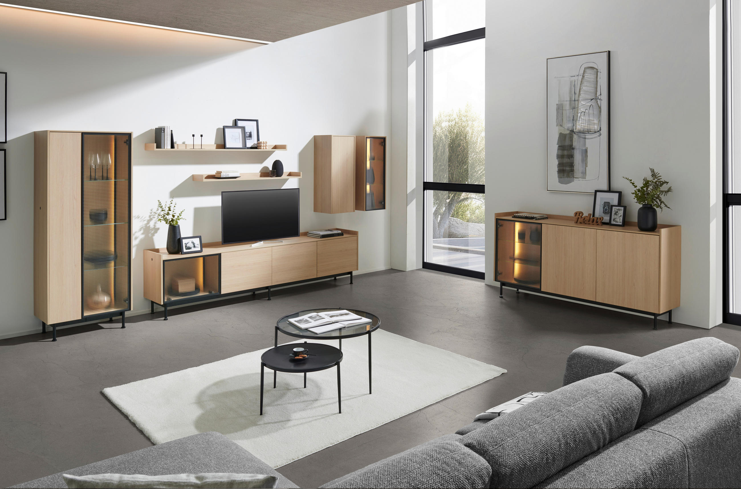SIDEBOARD Eichefarben  180/89/40 cm  - Eichefarben/Schwarz, Design, Glas/Holzwerkstoff (180/89/40cm) - Lomoco