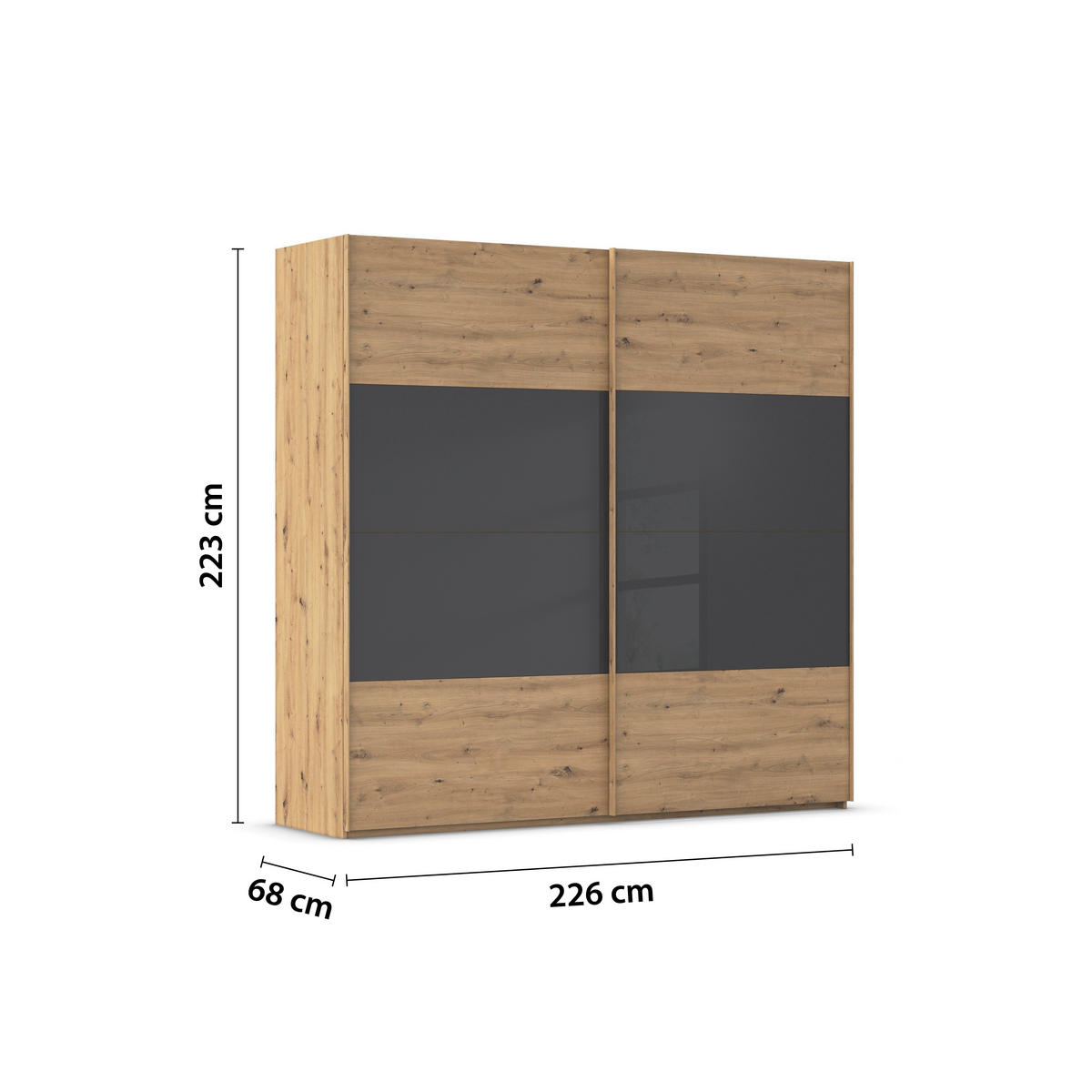 SCHWEBETÜRENSCHRANK 226/223/68 cm 2-türig Schwarz, Eiche Artisan  - Eichefarben/Schwarz, Design, Glas/Holzwerkstoff (226/223/68cm) - Xora