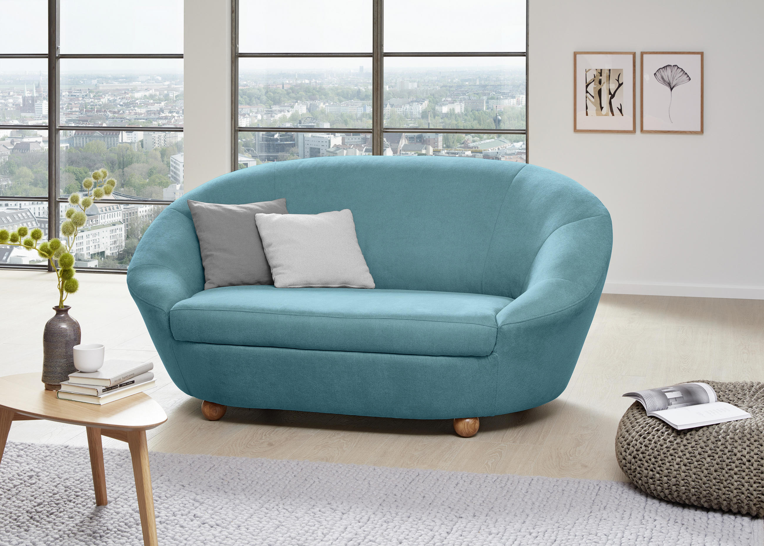 Thumbnail - Looks by W.Joop 2-Sitzer-Sofa Looks IV, Türkis, Textil, Eiche, massiv, Uni, 178x82x114 cm, Made in EU, Rücken echt, Wohn...