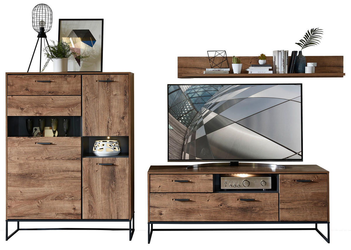 WOHNWAND  in Graphitfarben, Eichefarben  310/165/48 cm  - Eichefarben/Anthrazit, MODERN, Glas/Holzwerkstoff (310/165/48cm) - Livetastic