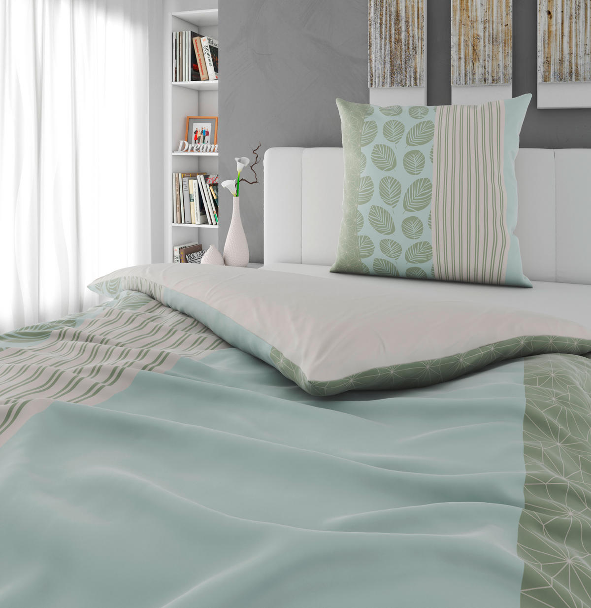 WENDEBETTWÄSCHE Satin 155/220 cm  - Beige/Grün, Textil (155/220cm) - Novel
