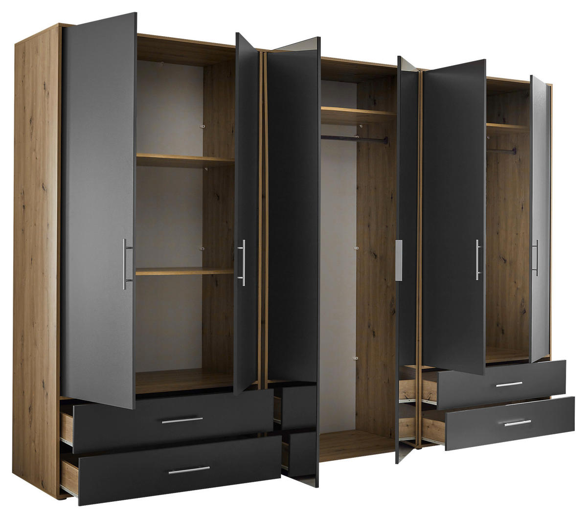 KLEIDERSCHRANK 305/207/58 cm 6-türig Graphitfarben, Eiche Artisan  - Alufarben/Graphitfarben, KONVENTIONELL, Glas/Holzwerkstoff (305/207/58cm) - Boxxx
