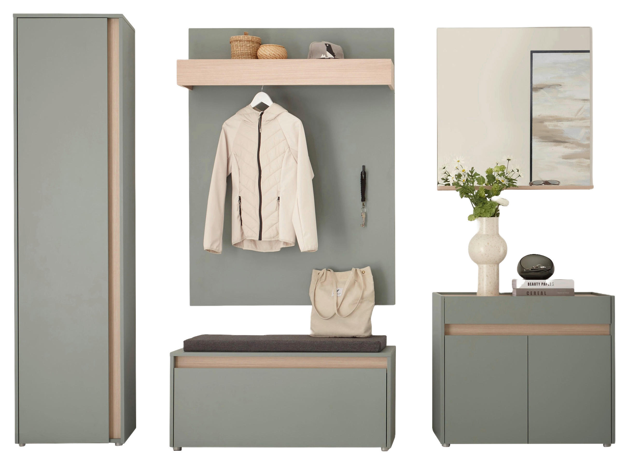 GARDEROBE 6-teilig  in 260/200/40 cm  - Eichefarben/Salbeigrün, Design, Holzwerkstoff/Textil (260/200/40cm) - Modante