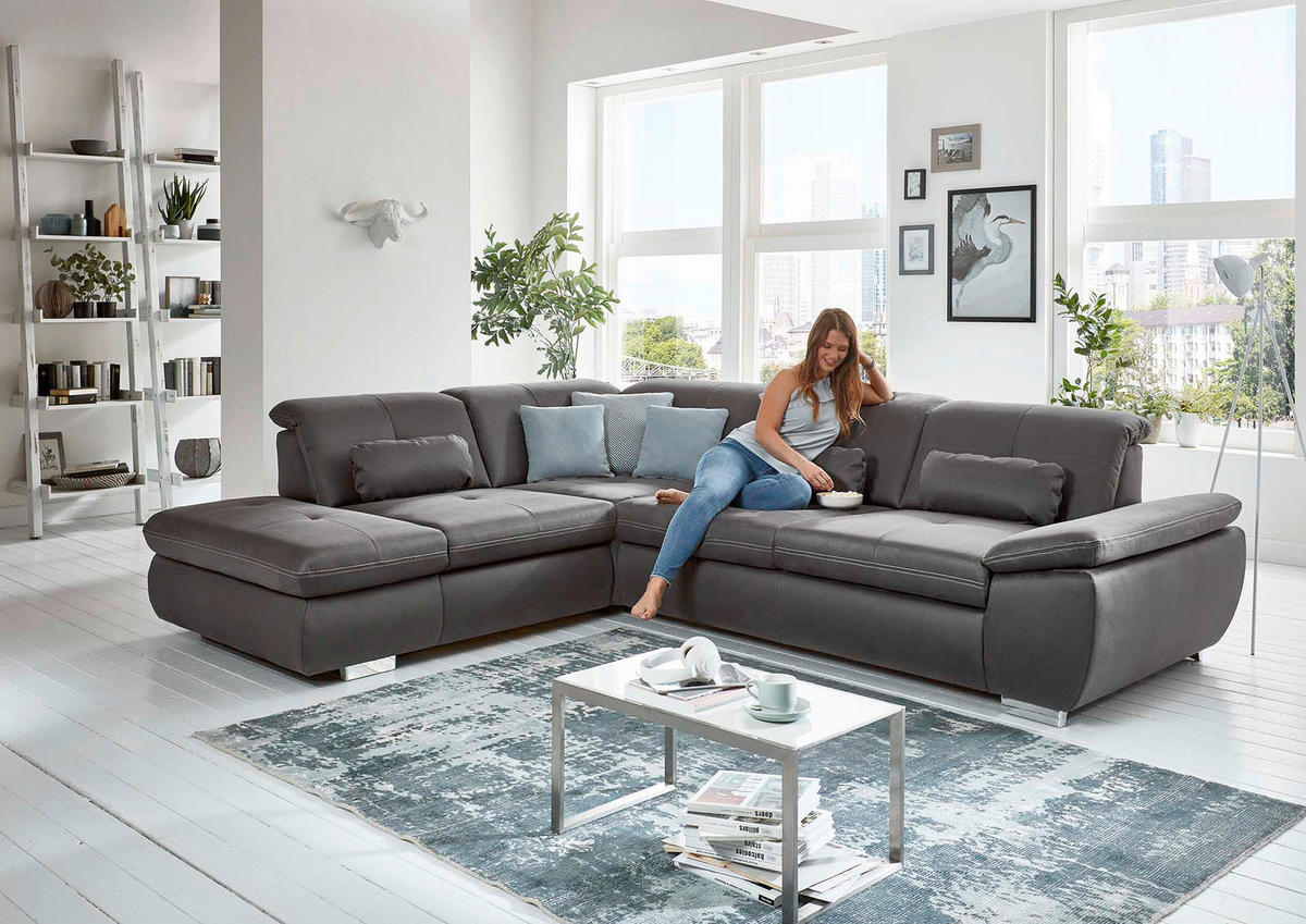 ECKSOFA Dunkelgrau Mikrofaser  - Chromfarben/Dunkelgrau, Design, Textil/Metall (260/318cm) - Beldomo Speed