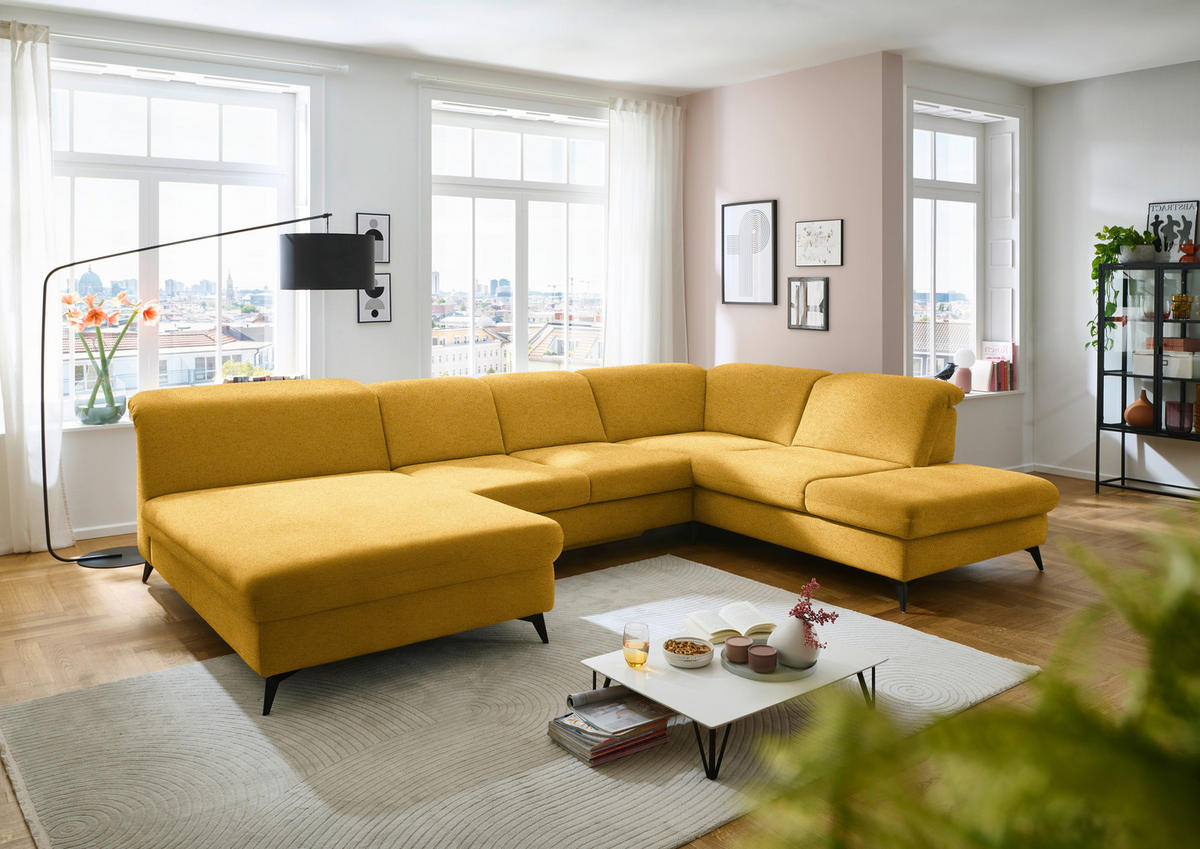 WOHNLANDSCHAFT  in Chenille Currygelb  - Currygelb/Schwarz, Design, Textil/Metall (198/369/255cm) - Beldomo Style