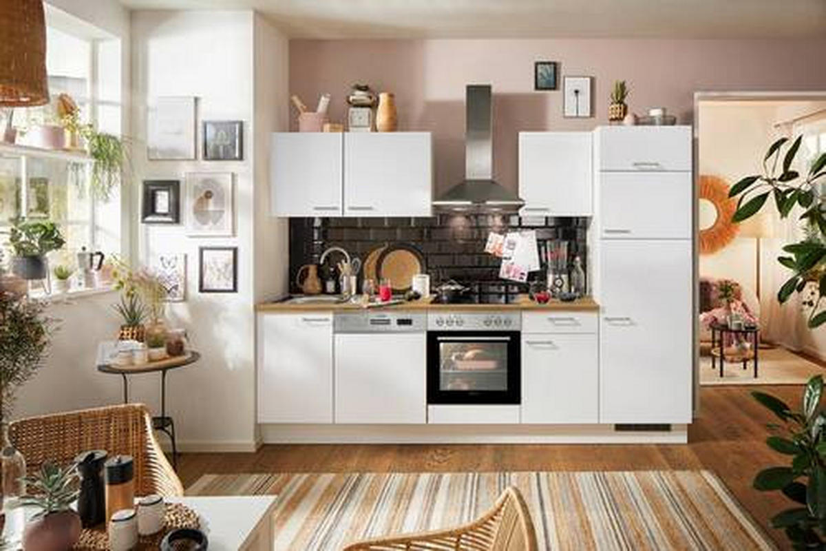 KÜCHENBLOCK 280 cm   in Weiß  - Edelstahlfarben/Eichefarben, KONVENTIONELL, Holzwerkstoff/Metall (280cm) - Xora