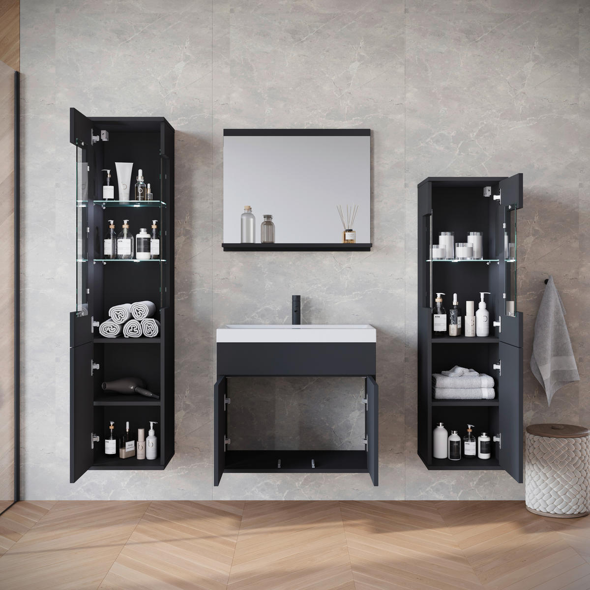 BADEZIMMER 5-teilig  in 120,4 cm  - Schwarz/Weiß, Trend, Glas/Keramik (120,4cm) - P & B