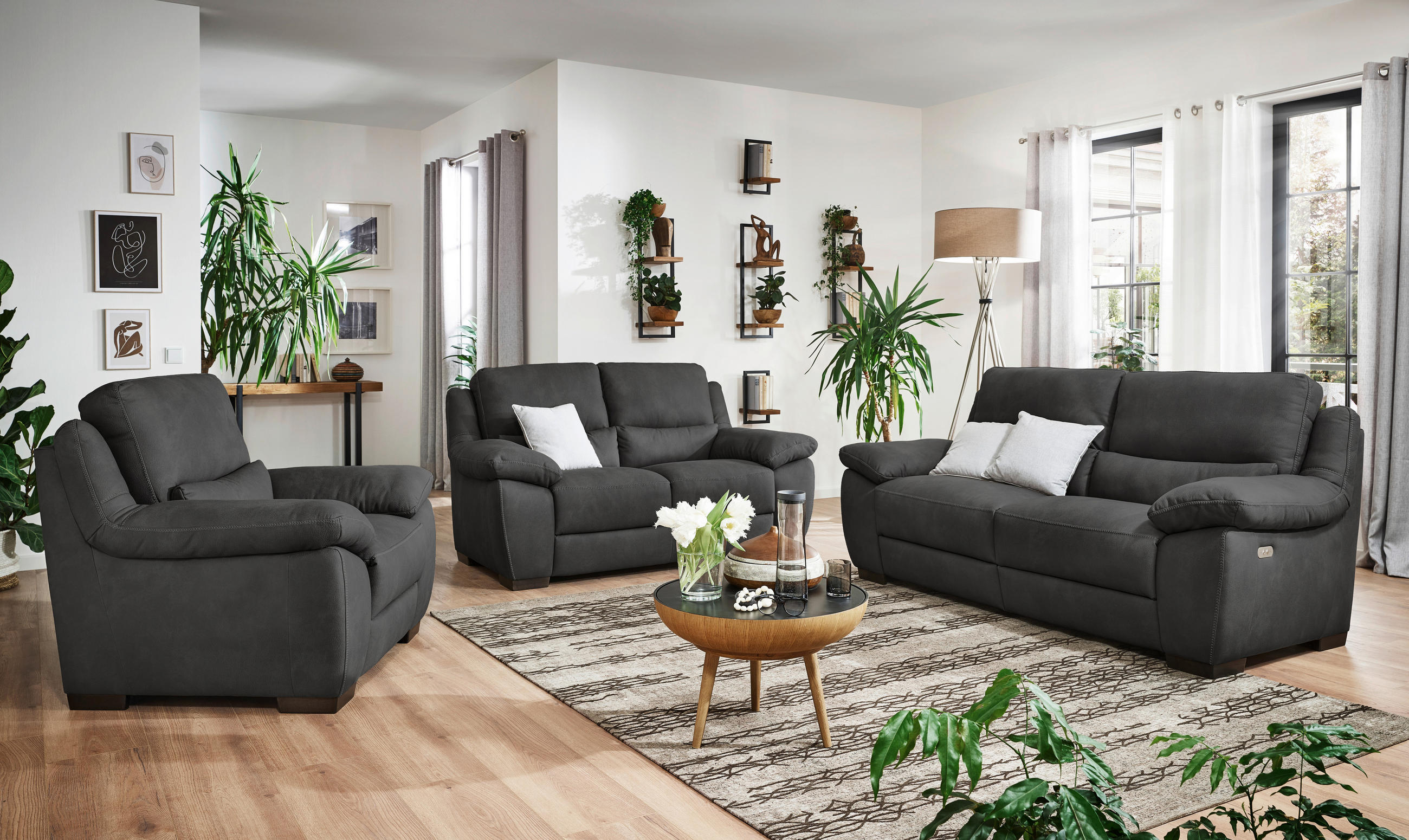 2,5-SITZER mit elektr.Funktion Dunkelgrau  - Wengefarben/Dunkelgrau, KONVENTIONELL, Holz/Textil (210/96/99cm) - Livetastic