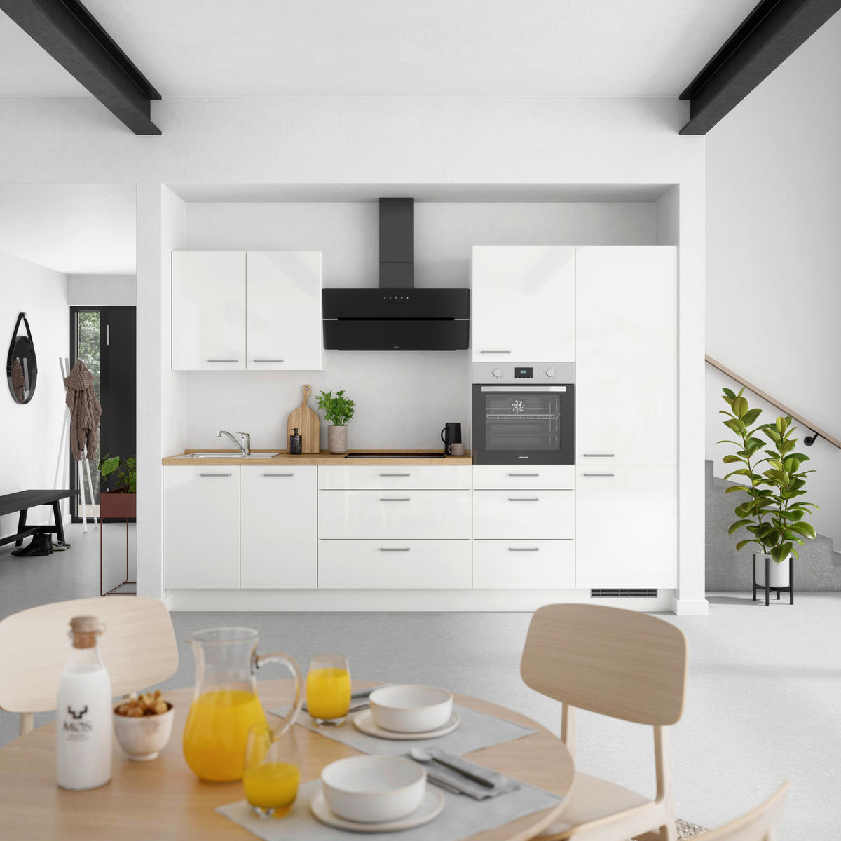 KÜCHENLEERBLOCK 300 cm   in Eichefarben, Weiß Hochglanz  - Edelstahlfarben/Eichefarben, MODERN, Holzwerkstoff/Metall (300cm) - Nobilia