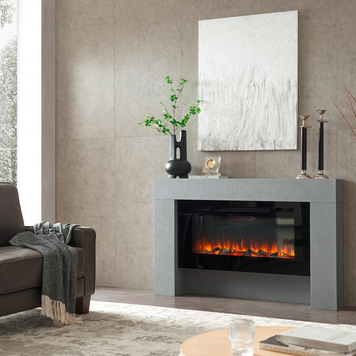 ELEKTRISK KAMIN - grå, Basics, metall/trämaterial (141/21/88cm)