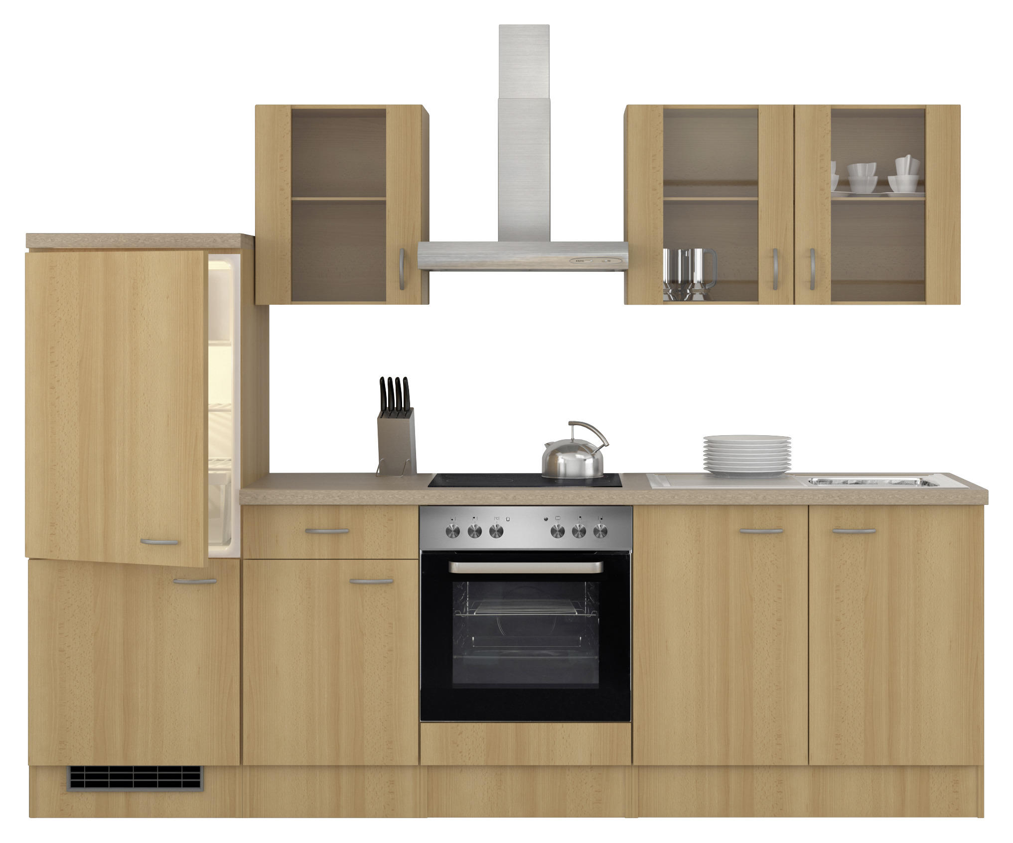 KÜCHENBLOCK 270 cm in Creme, Buchefarben, Edelstahlfarben - Edelstahlfarben/Buchefarben, MODERN (270cm) - MID.YOU
