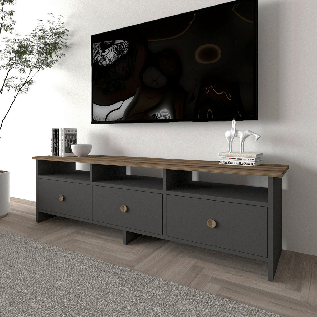 LOWBOARD Oslo TV-Ständer  in 150/47/36 cm  - Anthrazit/Nussbaumfarben, Design, Holzwerkstoff (150/47/36cm) - Livetastic