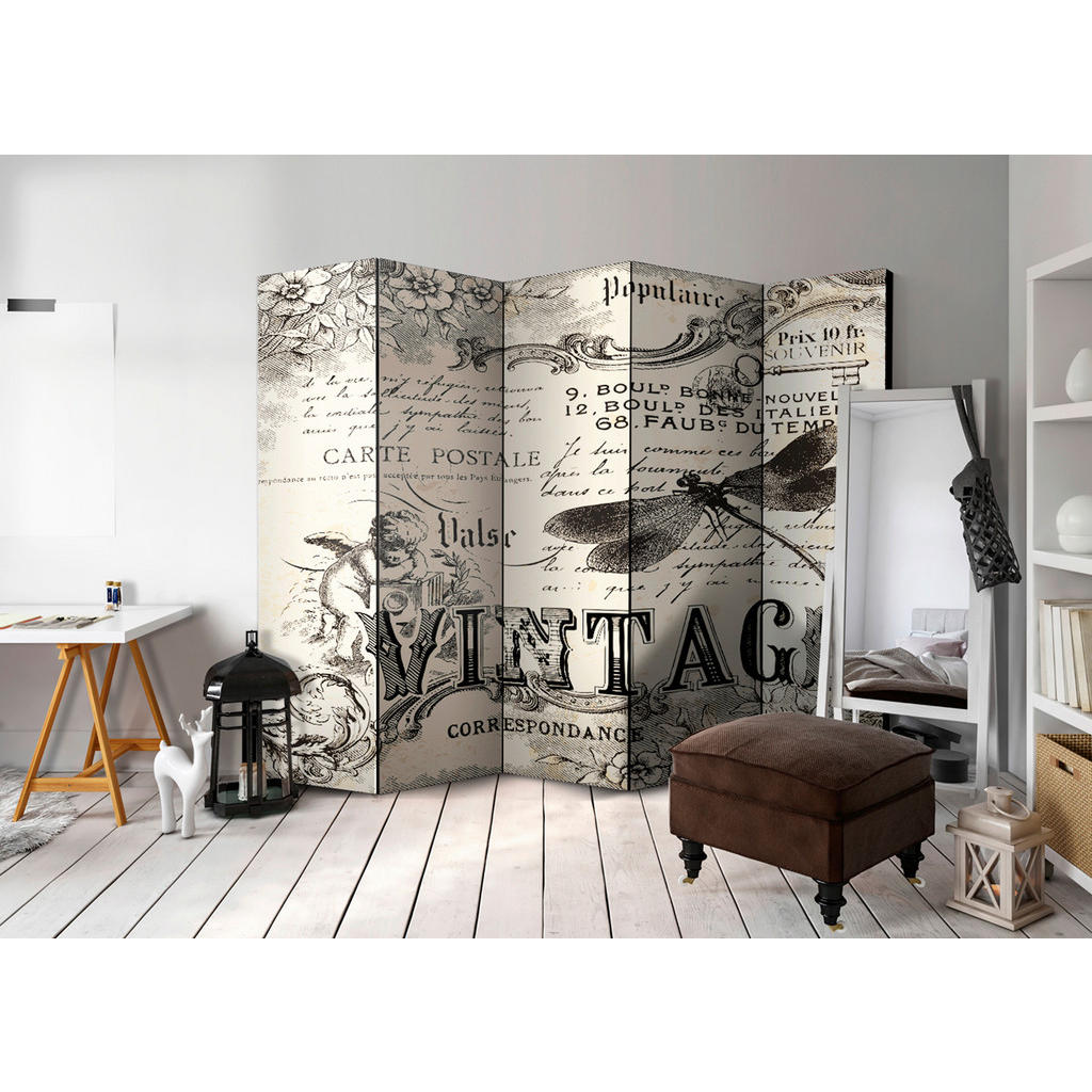 Thumbnail - artgeist Paravent, Creme, Grau, Holz, Textil, Kiefer, massiv, Vintage, 225x172x3 cm, Motiv auf Vorder- und Rückseite, Wo...
