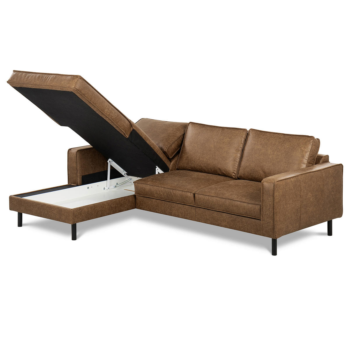 ECKSOFA Braun Echtleder Lederlook Bettkasten, Schlaffunktion, Rücken echt  - Schwarz/Braun, Design, Leder/Textil (166/238cm) - Livetastic