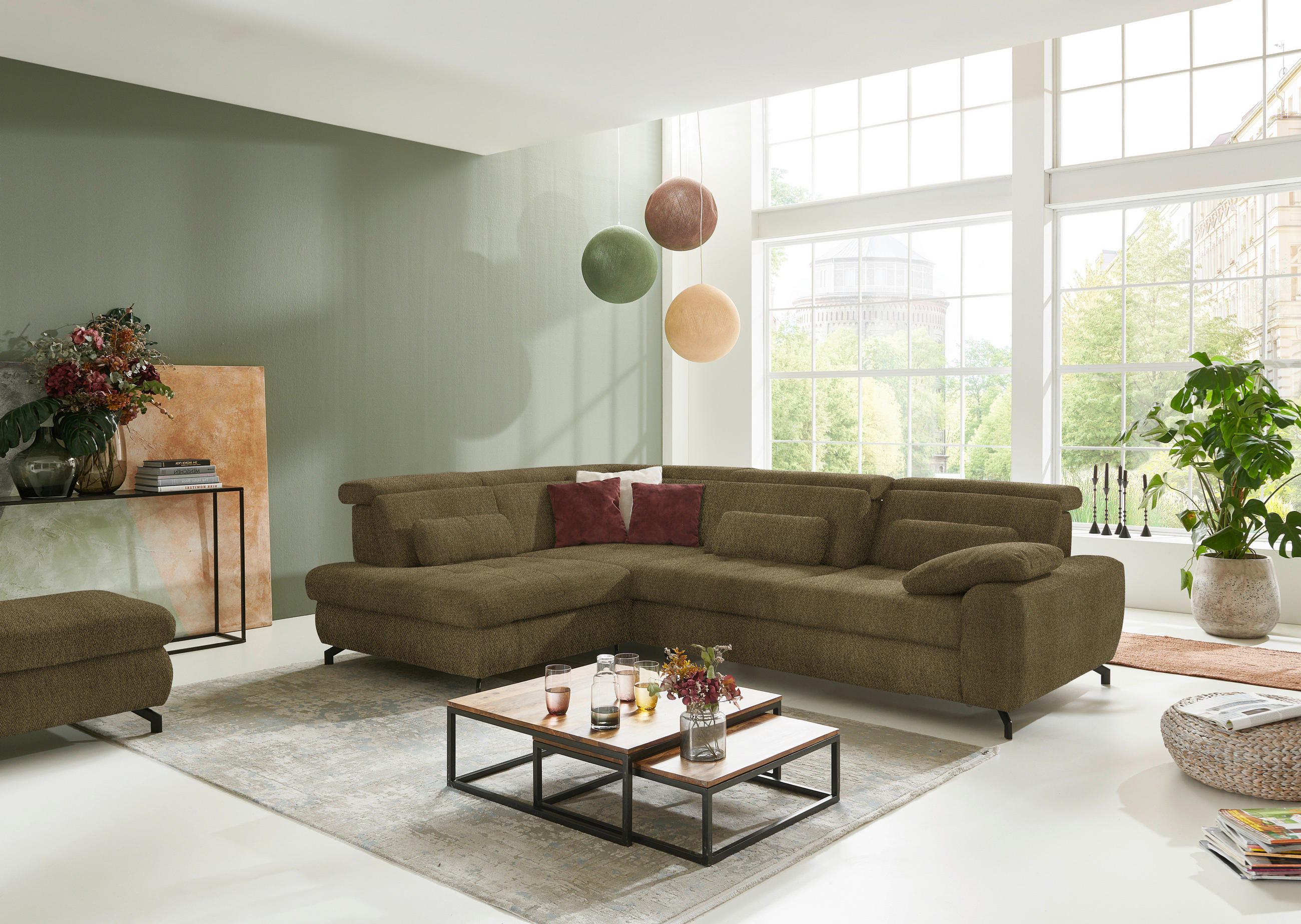 ECKSOFA in Chenille Grün  - Schwarz/Grün, Design, Textil/Metall (220/310cm) - Beldomo Style