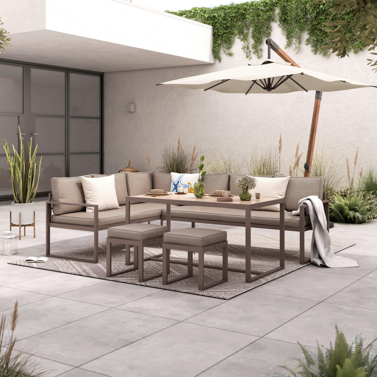 LOUNGE ÉTKEZŐGARNITÚRA  176/240,5 cm   - barna, Modern, műanyag/fém (176/240,5cm) - Ambia Garden