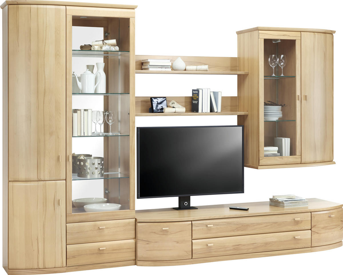WOHNWAND  in Buchefarben  315/218,7/55,1 cm  - Buchefarben/Alufarben, KONVENTIONELL, Glas/Holz (315/218,7/55,1cm) - Invivus