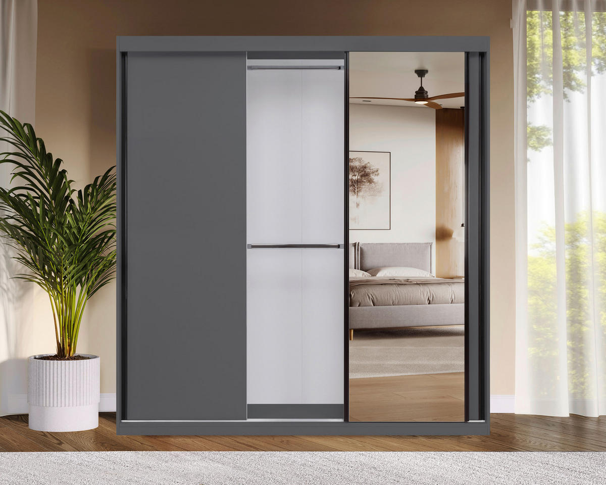 SCHIEBETÜRENSCHRANK 200/215/59,5 cm 3-türig  - Schwarz/Graphitfarben, MODERN, Holzwerkstoff/Metall (200/215/59,5cm) - MID.YOU