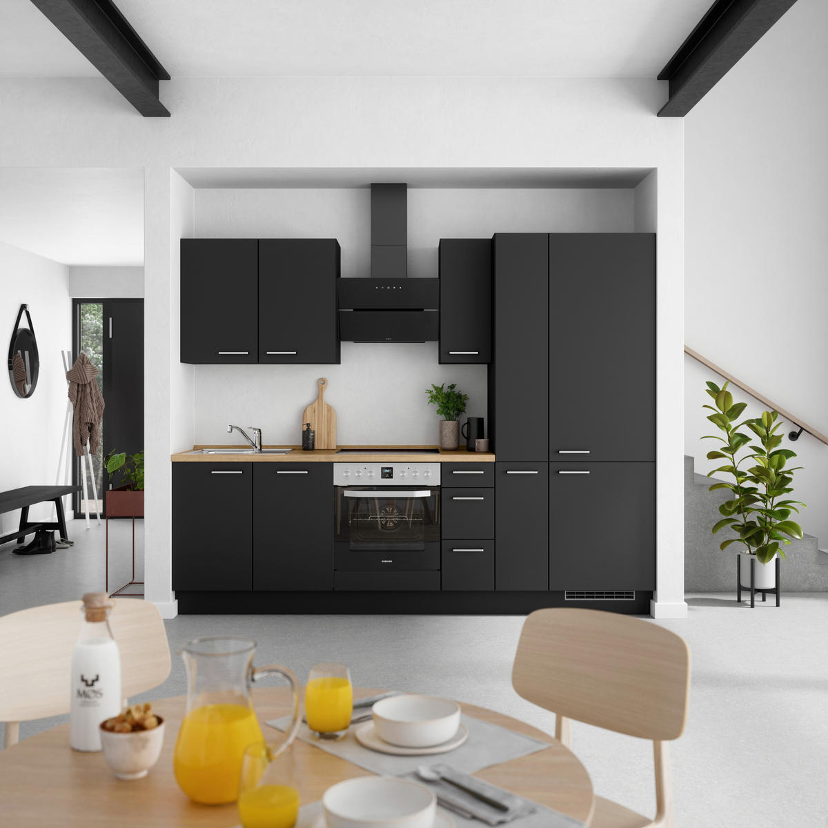 KÜCHENBLOCK 270 cm   in Schwarz, Eichefarben  - Edelstahlfarben/Eichefarben, MODERN, Holzwerkstoff/Metall (270cm) - Nobilia