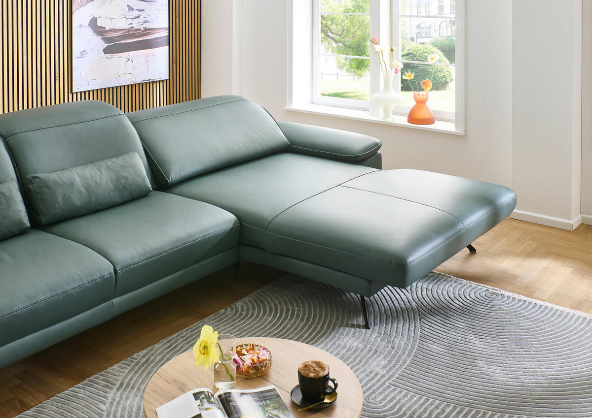 ECKSOFA Opal Echtleder  - Opal/Schwarz, Design, Leder/Metall (332/193cm) - Dieter Knoll