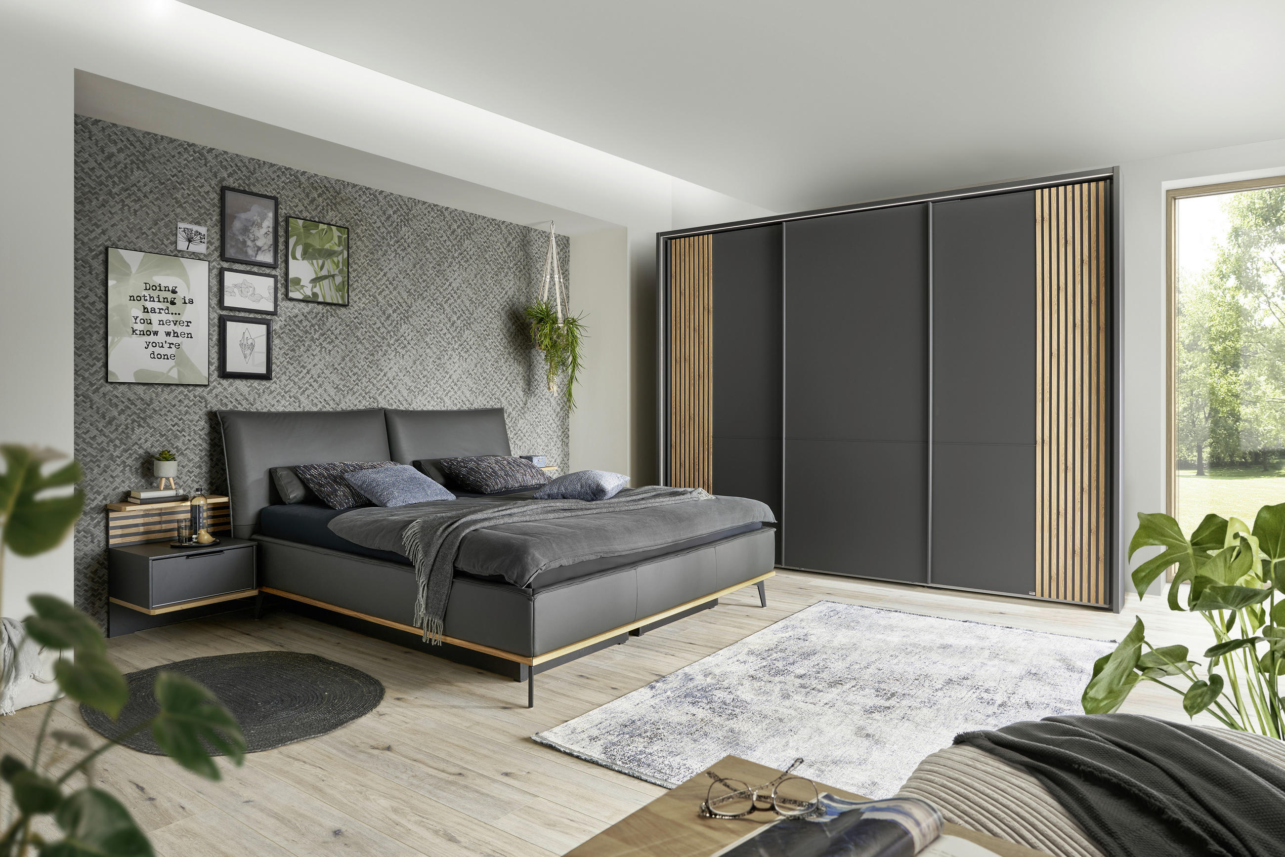 Thumbnail - Musterring Schwebetürenschrank, Graphit, Eiche Bianco, Holzwerkstoff, 6 Fächer, 300x236x67 cm, Goldenes M, Made in Germa...